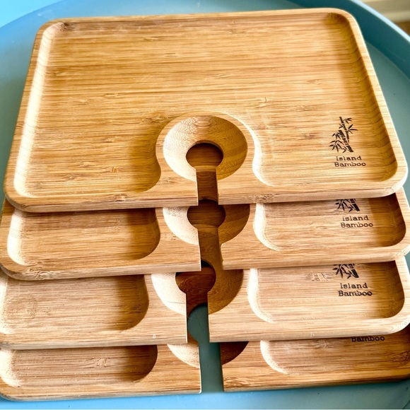 NWOT Bamboo Hors d'oeuvres Plate with Wine Glass Holder: Set 4 - Picture 8 of 13